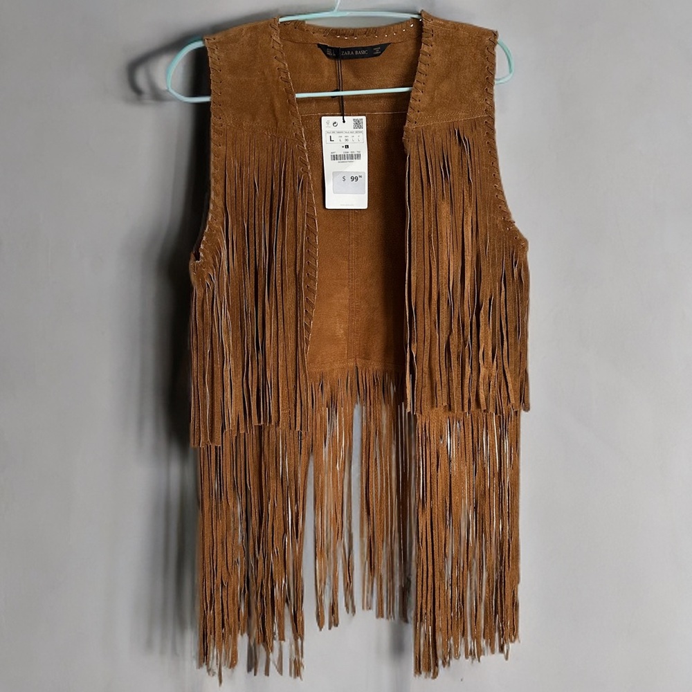 NWT Brown Suede Double-Layer Fringe Vest